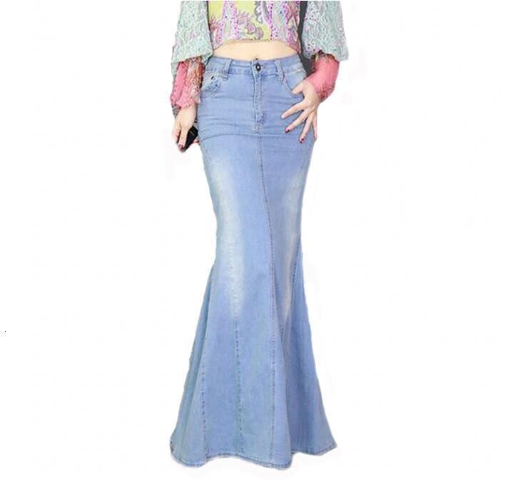 

Big Fish Tail Denim Female Elastic Long Blue Light Skirt Floor-length Trumpet Empire High Waist 2021 P1417 Jeans Bgb9