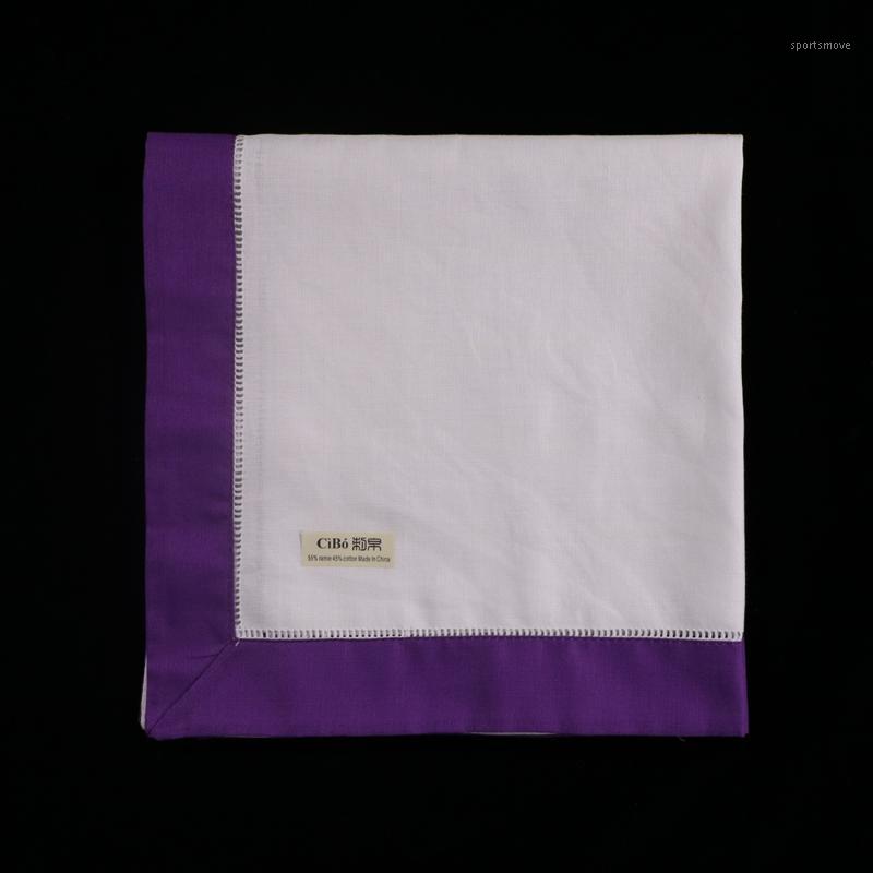 

N037-P-20: 12pieces White Hemstitch Dinner Napkins Purple hem Ramie Cotton Blend Ladder Hemstitch table linen1