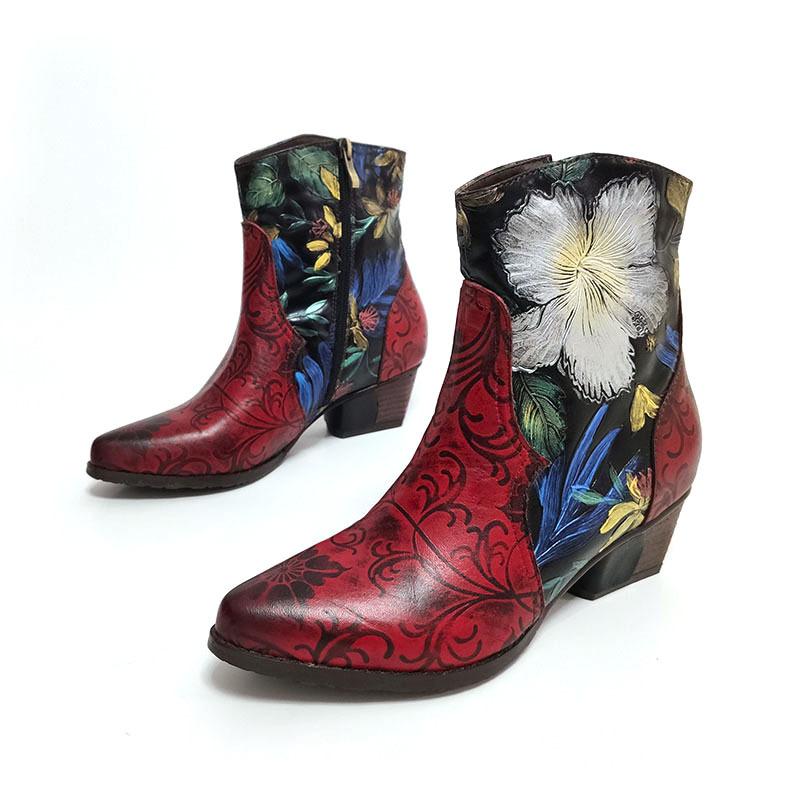 

YourSeason 2020 New Autumn Winter Women Boots Genuine Leather Ladies Zipper Hand Painted Ankle Platform Boots Round Toe, Red