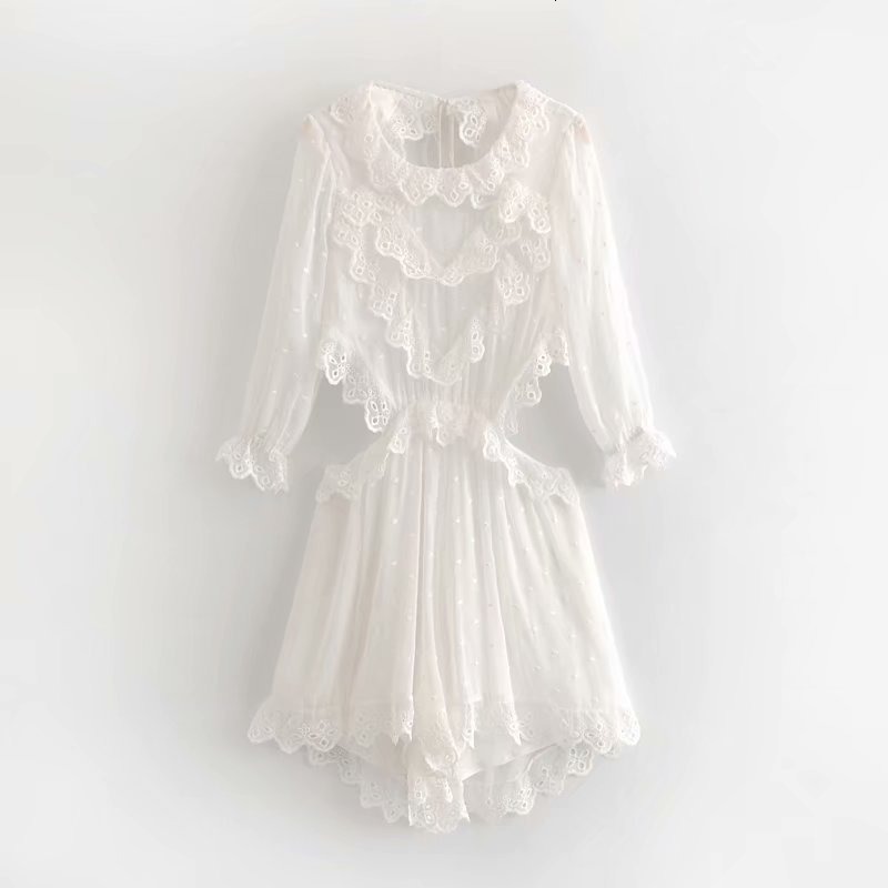 

2021 New Lack coveralls women' pants streetwear French romantic waistline polka dot embroidered seam lace without handles S5W2, White.