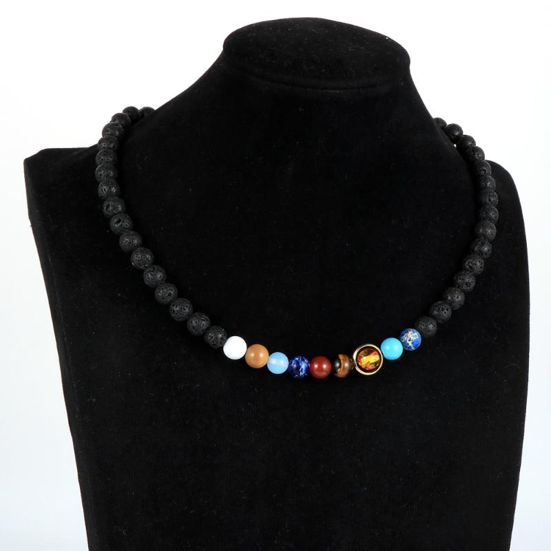 

Unisex Men Women Galaxy Planet Necklace 18"/20" Natural Stone Beaded Short Choker Necklace Men Rosary Jewelry