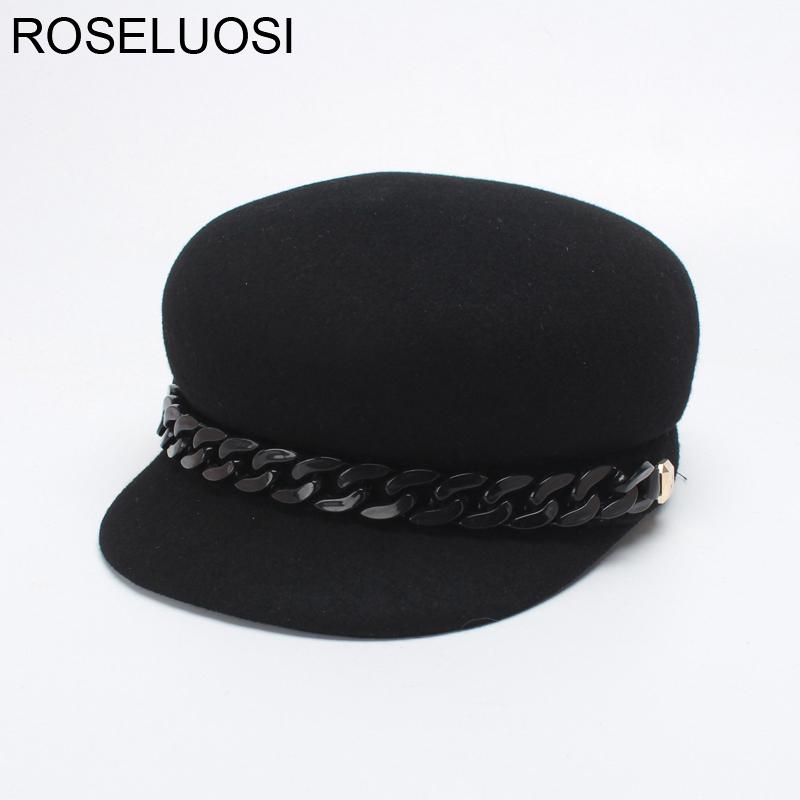 

ROSELUOSI Women Fashion Chain Newsboy Caps Autumn Winter 100% Wool Felt Hat Female Solid Color Gorras Casequette, Black