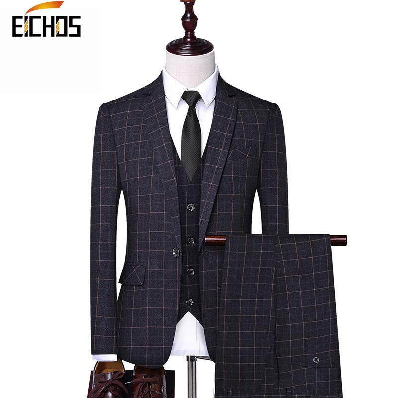 

Mens Suits With Pants 2020 Slim Fit 3 Pieces Fashion Grid Blazer Vest And Pants Wedding Suits For Men Groom EICHOS 2020307, Dark red