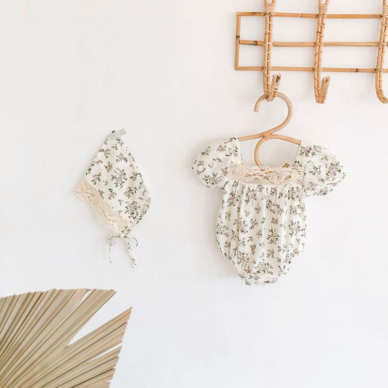 

2020 Summer Baby Girls Rompers Baby Clothes Rompers Bodysuits Short Sleeve Floral + Cap Infant Girls Bodysuit1, 92328 white