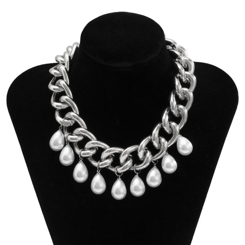 

DIEZI Punk Handmade Imitation Pearl Choker Necklace For Women Thick Chain Necklace Water Drop Tassel Pendant Jewelry