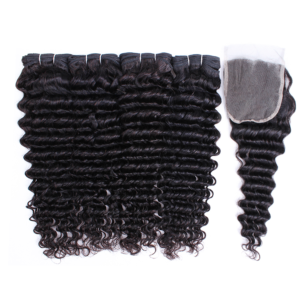 

Deep Curly Virgin Hair 4 Bundles with 4*4 Lace Closure Brazilian Peruvian Indian Malaysian Cambodian Deep Wave Unprocessed Human Hair Extension, Natural color