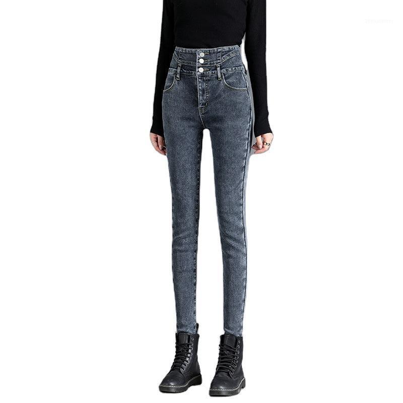 

Fleece Nine-Point Jeans Woman Autumn Winter High-Waist Pants Women Plus Size Slim Stretch All-Match Tight Pencil Women's, Black