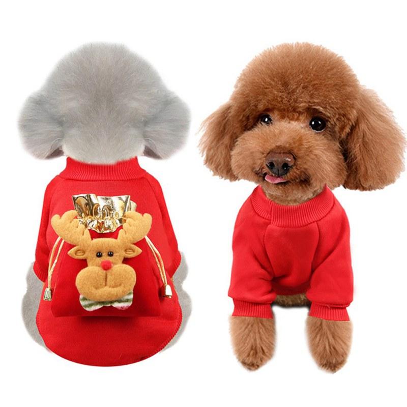 

Pet Cat Christmas Coat Sweater Cartoon Reindeer Costume Soft Pet Cap Thick Velvet Hooded Clothes Jumpsuit Puppy Coat, Red
