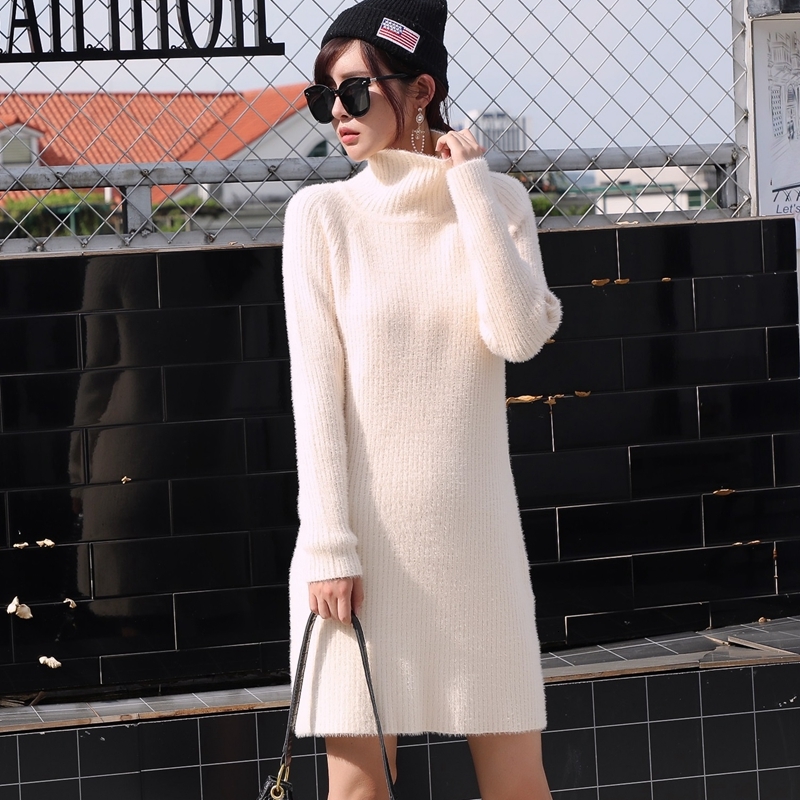 

2021 New Long Sleeve Sweater Thick Warm Autumn Winter Dress Chic Women Turtleneck Short Mini Knitted Pullover Dresses Ztrd, Apricot 206