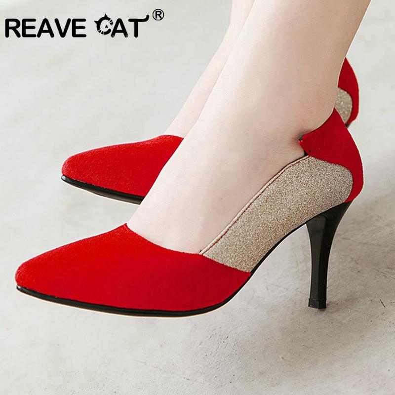 

REAVE CAT Shoes woman High heels Ladies pumps Pointed toe Slip on Female spring summer shoes Patchwork Flock Big size Sexy A1979, Red