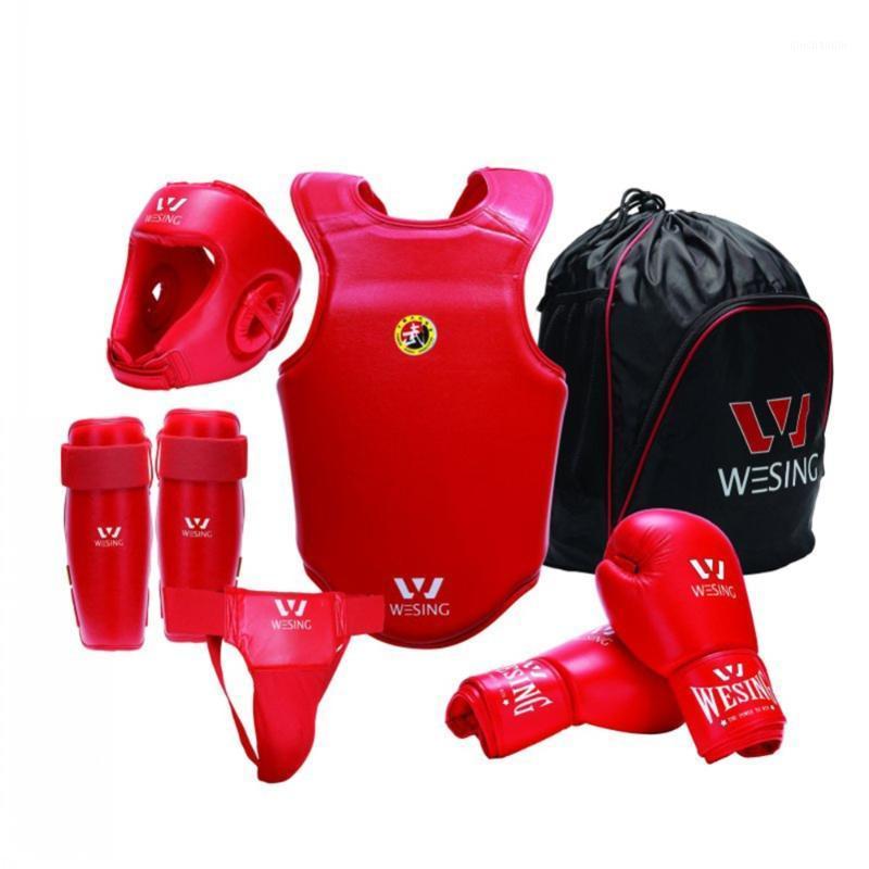 

Wesing 6pcs Wushu Sanda Protect Gear Boxing Sanda Equipment Set Kid's Boxing training full body protection1, Pu men red
