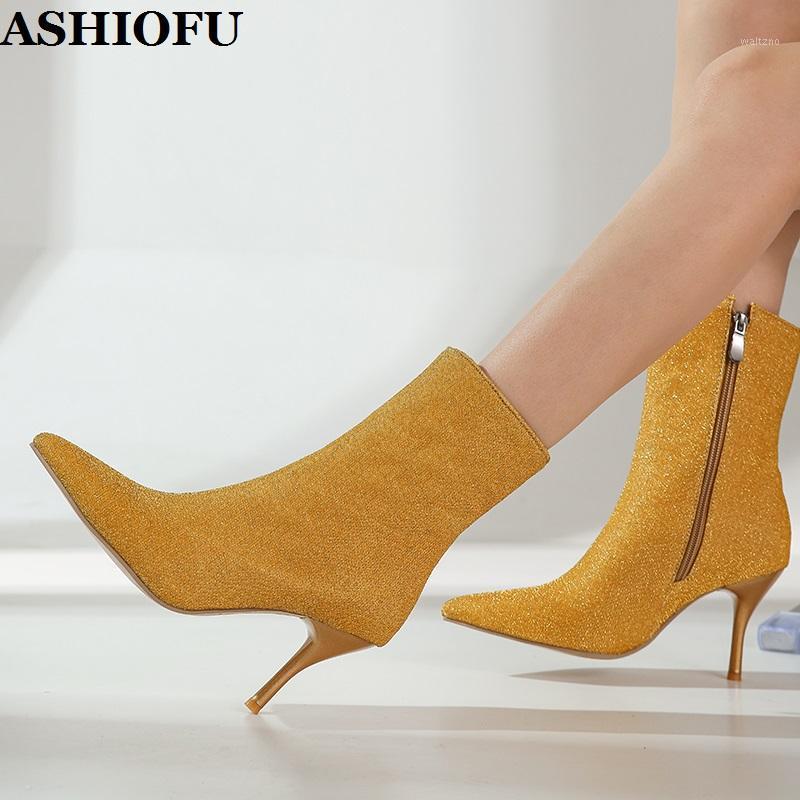 

ASHIOFU Hot Sale Handmade Ladies 8.5cm High Heels Boots Shinny Pointy Sexy Ankle Booties Evening Fashion Club Plus Size Boots1, As pic