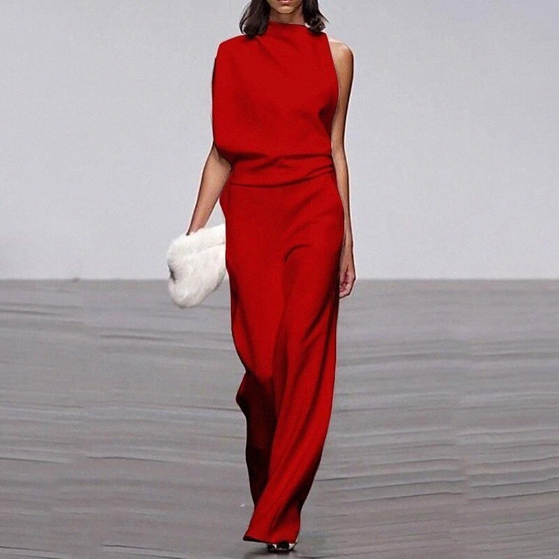 women's Commuting Asymmetry Sleeve Pure Colour Jumpsuit White Black Red 65M5#-image-756089545