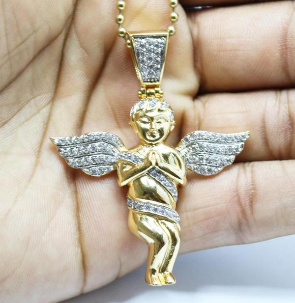 

Men's Iced Out Hip hop Mini Pendant And Mini Baby Angel Piece Penadnt Necklace with bead chain 60-70cm