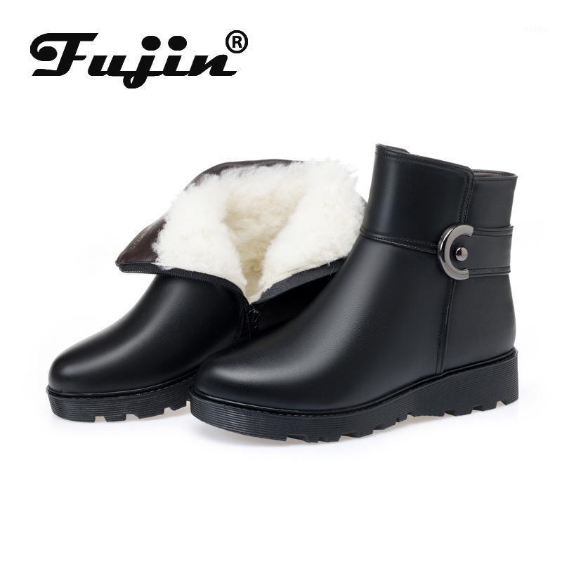 

Fujin 2020 Wool Women Snow Boots Warm Fashion Flat Bottom Genuine Leather Fur Warm Ankle Plush Boots Leisure Women Winter1, Blackplush