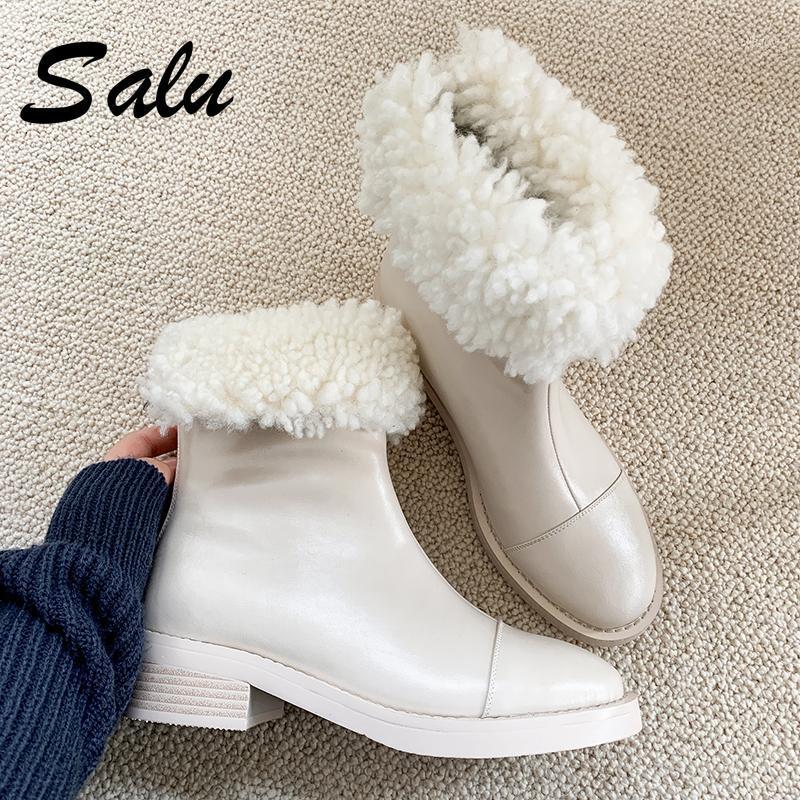 

Salu Women Wool Cow Leather Ankle Boots Female Big Size Snow Boots Dancing Casual Shoes Woman Newest Med Heel Platform1, Beige