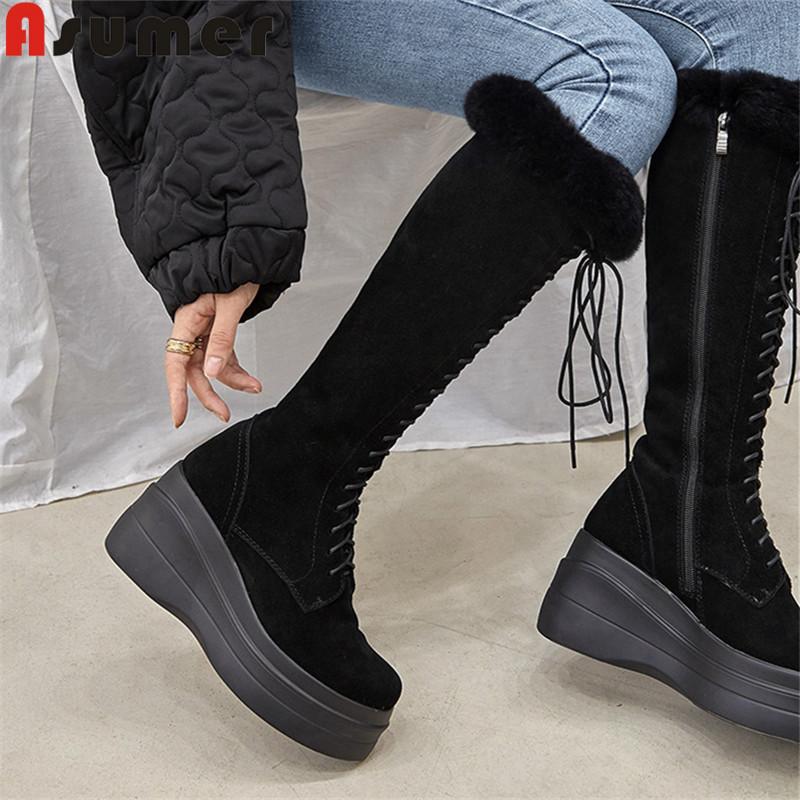 

Asumer Winter Shoes 2021 Newest Suede Leather Knee High Boots Women Round Toe Cross Tied Zip Wedges Platform Shoes Woman, Brown