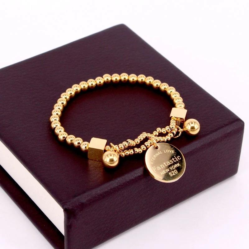 

Stainless Steel Ball Beads Bracelet For Women Circle Tag Charm Stretch Strand Bracelet "Fantastic Eternal Love New York" K033