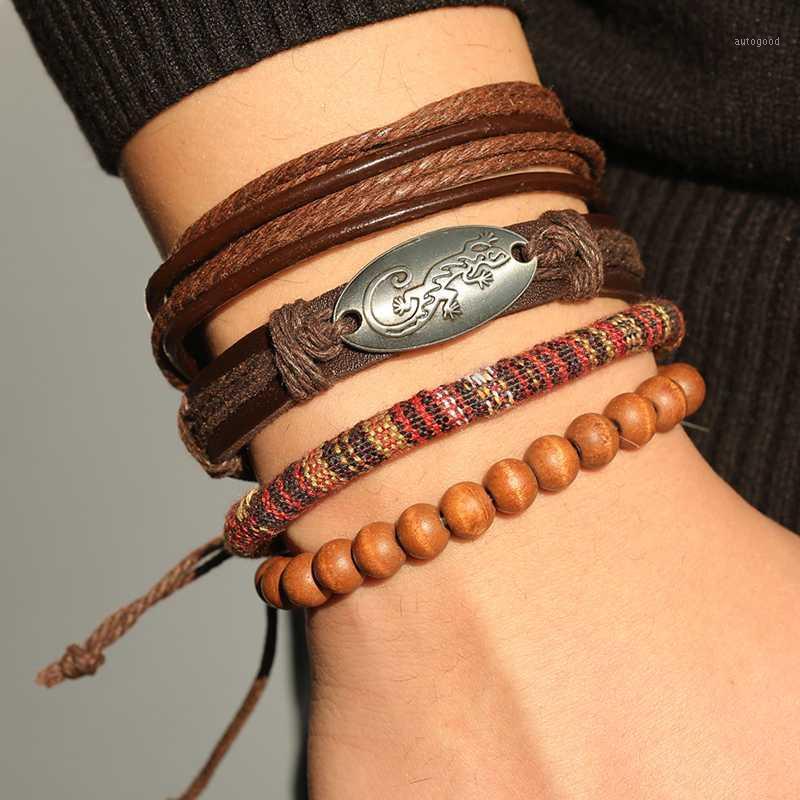 

Charm Bracelets ALIUTOM Vintage Brown Beaded Wrist Bracelet Set Boho Men's Multi-layer Winding Leather Jewelry Gift1