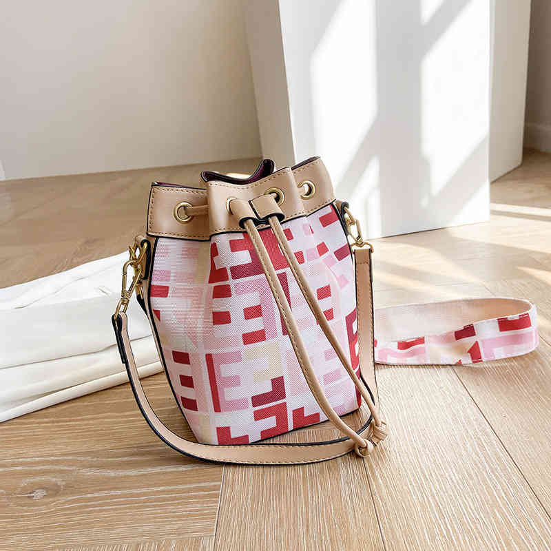 

summer new mini old drawstring one shoulder handbag women's bag canvas rainbow Bucket Bag Purse, Pink