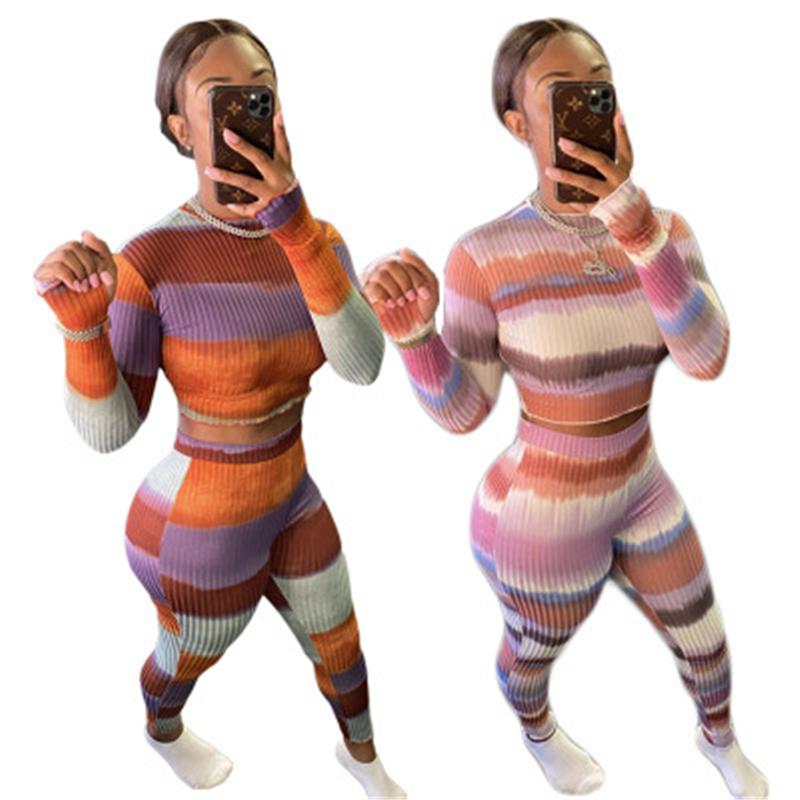 

Women Stripe Sports Sets Fashion Trend Knitting Long Sleeve Short Tops Pants Suits Designer Female Spring Slim Casual Tracksuits Clothing