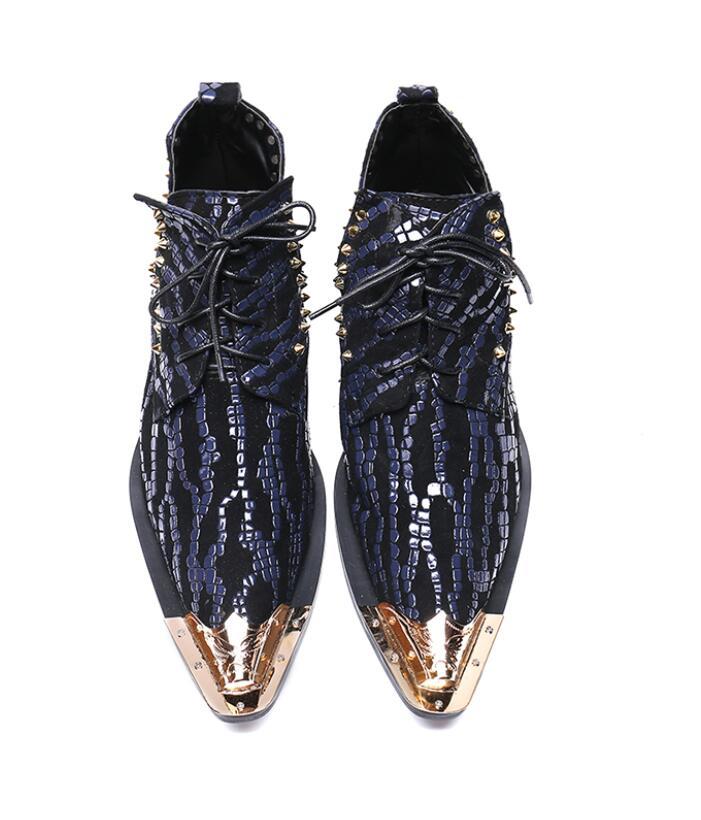 

2020 New High Quality Genuine Leather Men Brogues Shoes Lace-Up Rivets Wedding dress shoes Men Oxfords Male Formal, Blue