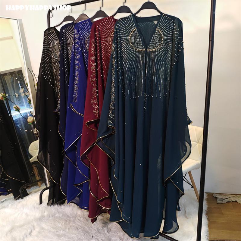 

Luxury Rhinestone Cardigan Jilbab Dress Bat Sleeve Caftan Muslim Women Abaya African Robe Dubai Farasha Hooded Maxi Dresses1