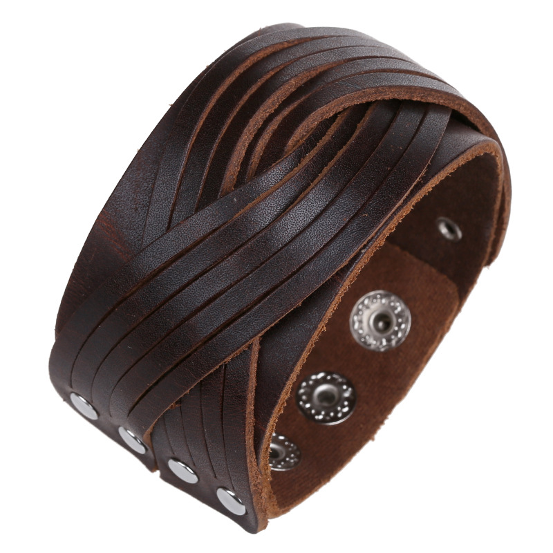 

Boho Gypsy Hippie Hiphop Punk Brown Black Real Leather Button Lock Layers Knots Charm Wrap Braiding Big Wide Unisex Bracelet Man