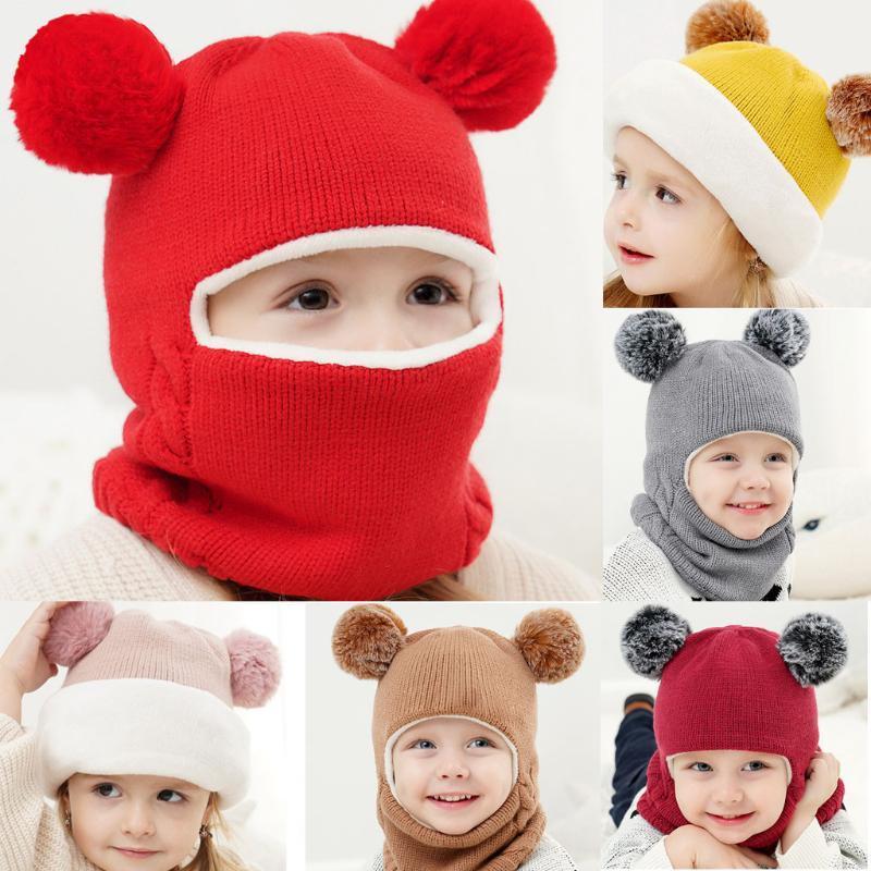 

Children's Fashionable Cute Double Hairball Thickened Wool Hat, Solid Color Windproof Warm Knitted Hat, Autumn and Winter1