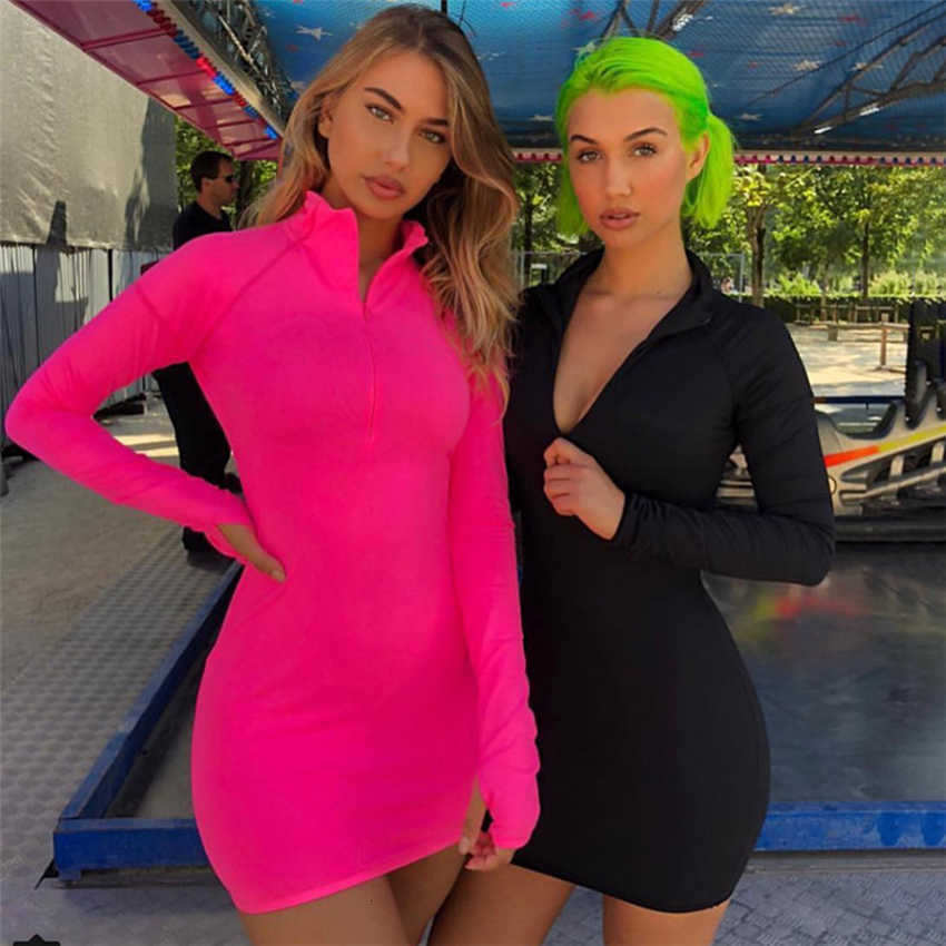 

Spot 2020 European hot sale solid color sexy stand collar long-sleeved casual nightclub spring and summer dress, support mixed batch