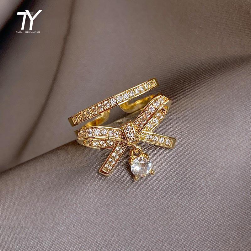 

Cluster Rings Luxury Shiny Zircon Bow Double Gold Opening For Woman Korean Fashion Jewelry Gothic Accessories Girl's Unusual Ring Set, Golden;silver