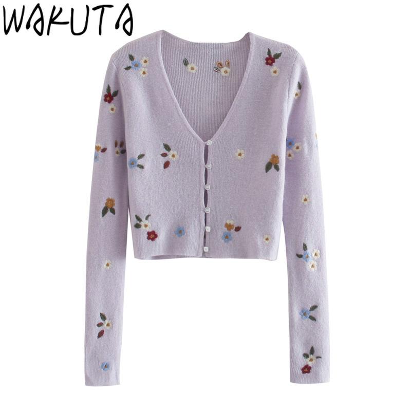 

WAKUTA New Fall Floral Embroidery Short Cardigan Women Elegant Casual V-neck Long Sleeve Chic Warm Knitted Crop Tops Slim 2020, Photo