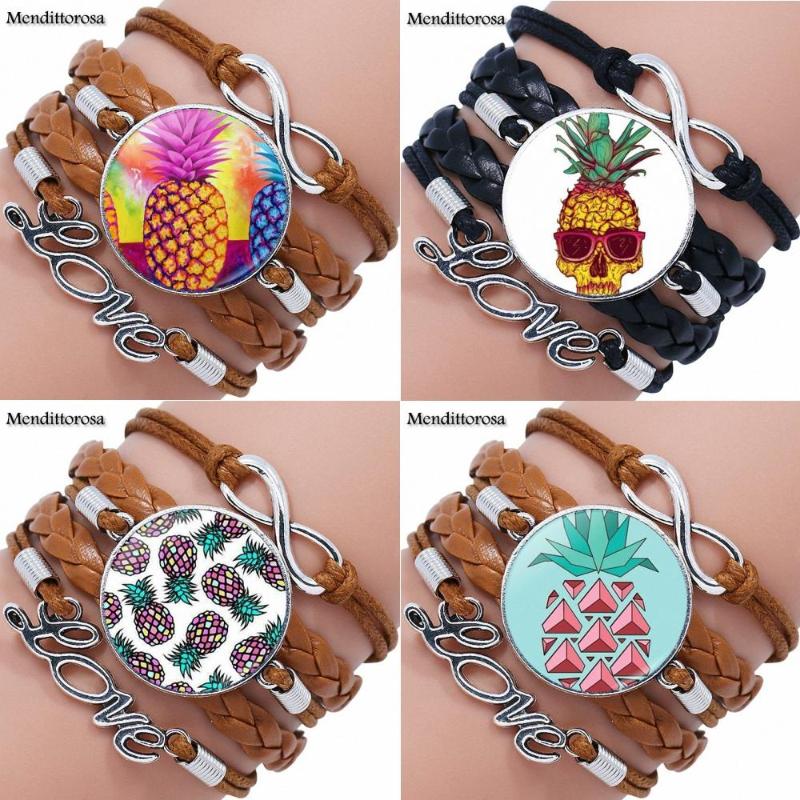 

For Valentine'S Day Gift New Arrival Glass Cabochon Multilayer Black/Brown Leather Bracelet Bangle Statement Jewelry Pineapple