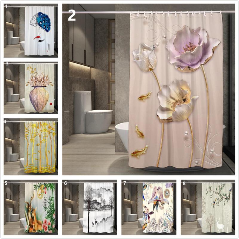 

Luxury Waterproof Shower Curtains with Grommet 1 Piece Waterproof Polyester Fabric Cheap Flower Printed Bathroom Curtain Jinya