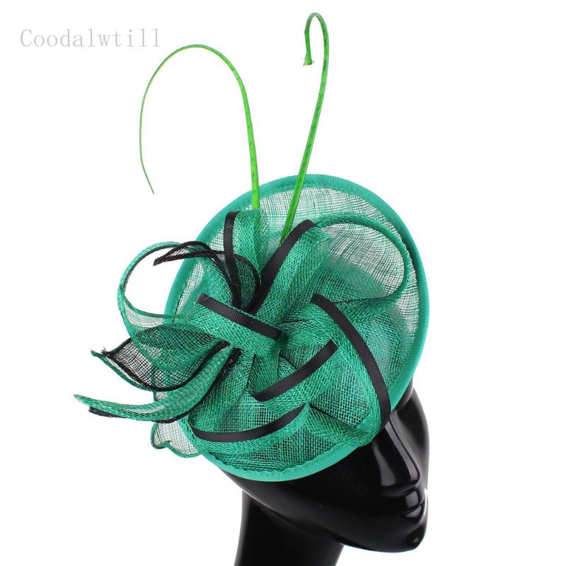 

wedding women headpiece hoops handmade vintage linen fedora cap feather decor fascinators hat with headband ladies hats, White