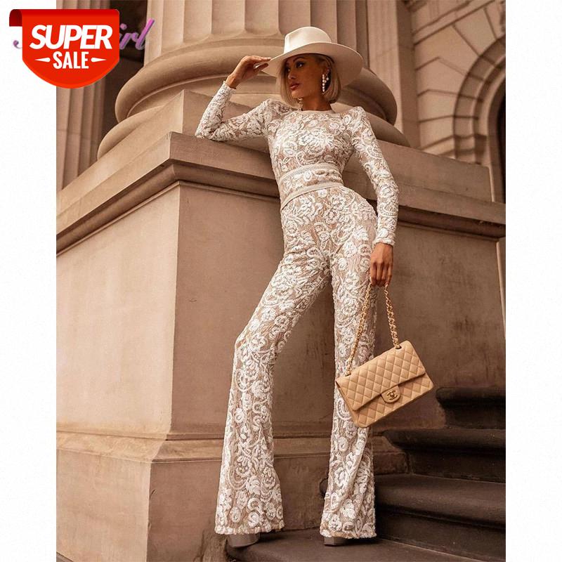

2020 Spring Sexy Lace Patchwork Hollow Out Night Club Jumpsuit Solid Full Sleeve Bandage Vintage Rompers Outfit One Piece Pants #Xp8E, Black;white