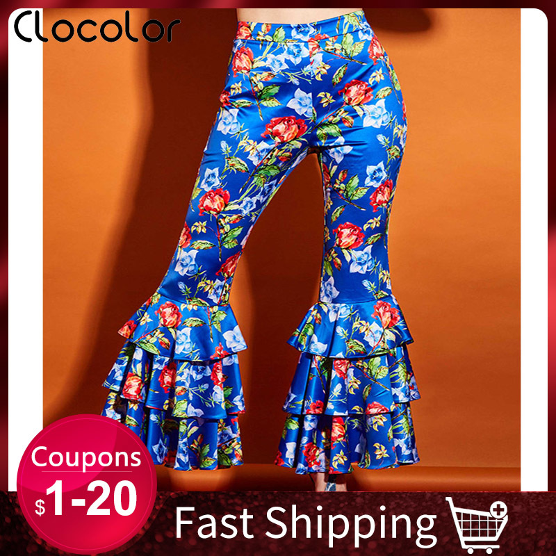 

2021 African Women Flare High-waisted Bellbottoms Summer Boho Real Blue Falbala Print Long Elastic Casual Pants Ocfh