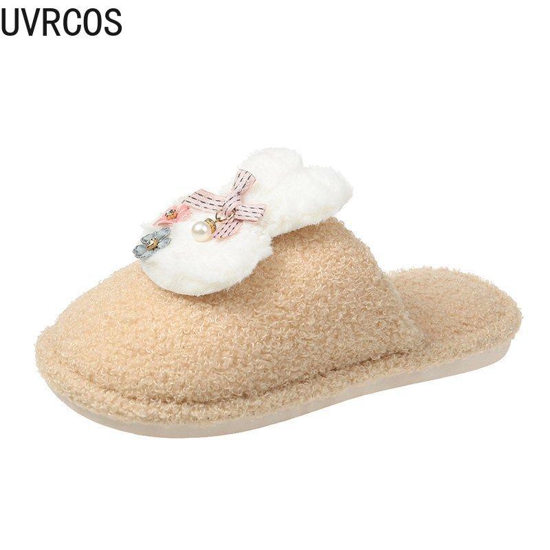 

Women's Cotton Slippers Fashion Home Warm Vamp Applique Sweet and Cute All-match Trend Female Cotton Shoes, Beige
