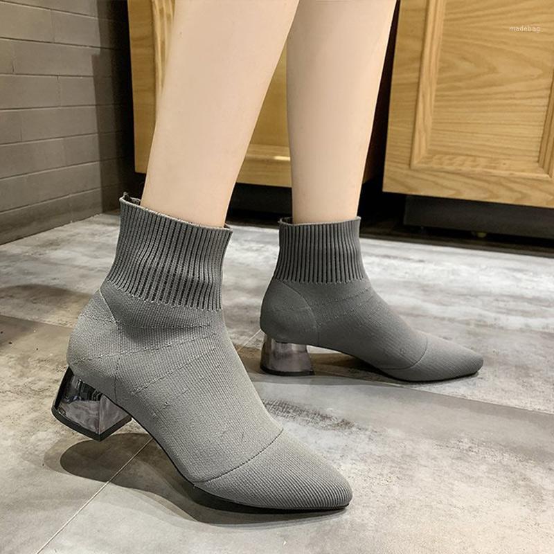 

New Ankle Boots Autumn Pointed Toe Stretch Knitting Sock Boots Plus Size High Heels Female Slip On Lady Shoes1, Beige