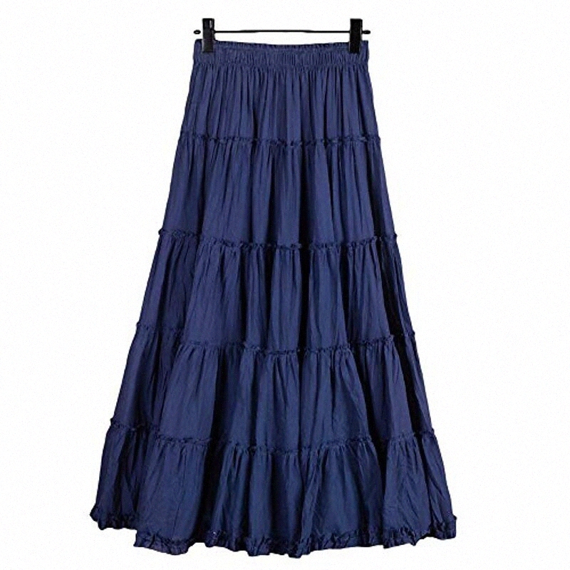 women's bohemian elastic waist long skirt cotton circle ruffle broomstick peasant maxi tiered skirts blue v3EW#-image-755730031