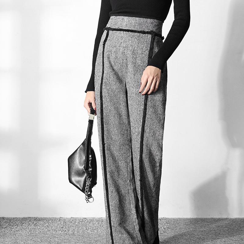 

Grey woolen wide-leg pants for ladies fashion design contrast color professional commuting suit trousers F1184, Picture