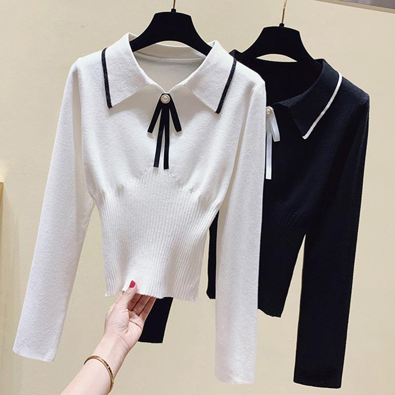 

LJSXLS Turn-down Collar Bow Sweater Women 2020 Autumn Winter Fashion Tops New Long Sleeve Knitting Sweaters Soft Slim Pullover, Black