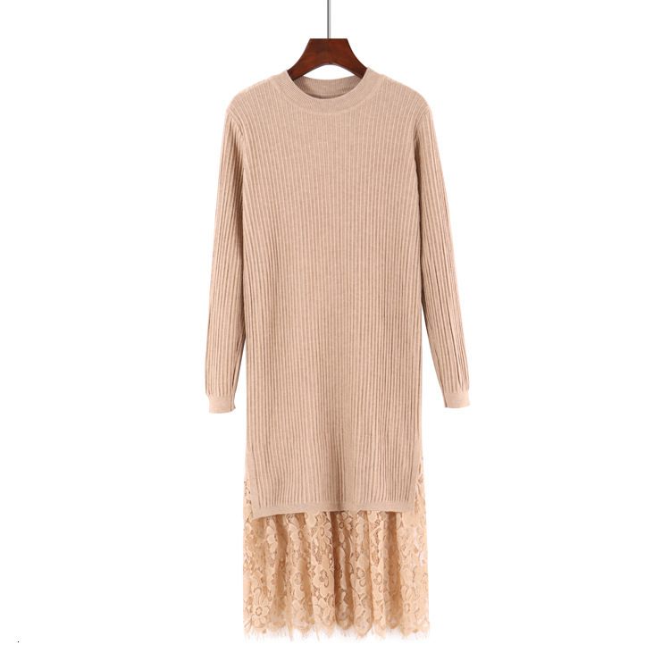 

2021 New Lace Stitching Sweater Women Autumn Winter Long Straight Dress Knitted Dresses Maxi Retro Lady Ribbed Robe Pullover Dres Y6rk, White
