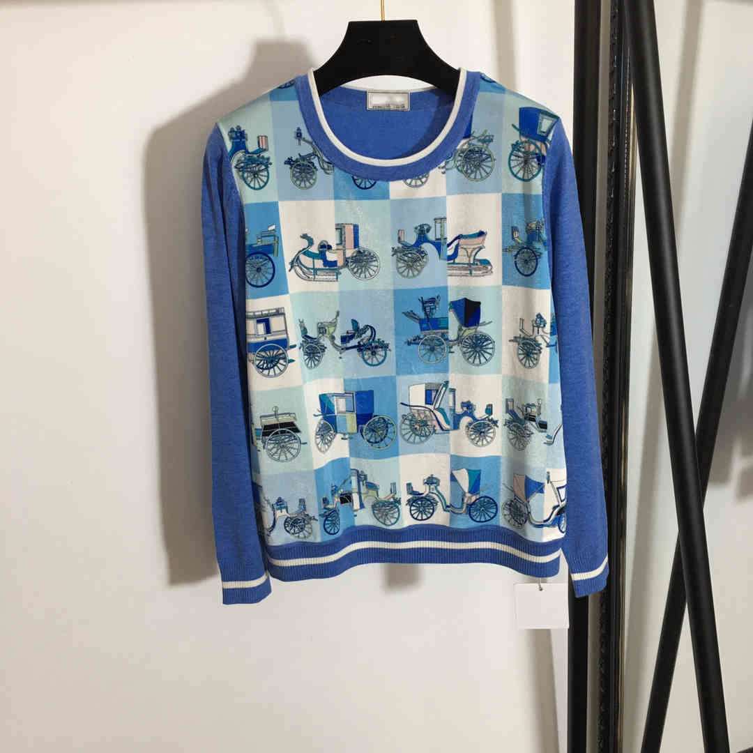

Milan Runway Sweater 2021 Long Sleeve O Neck Women' Sweaters High End jacquard Pullover Women Designer Sweater 1228-20, Blue