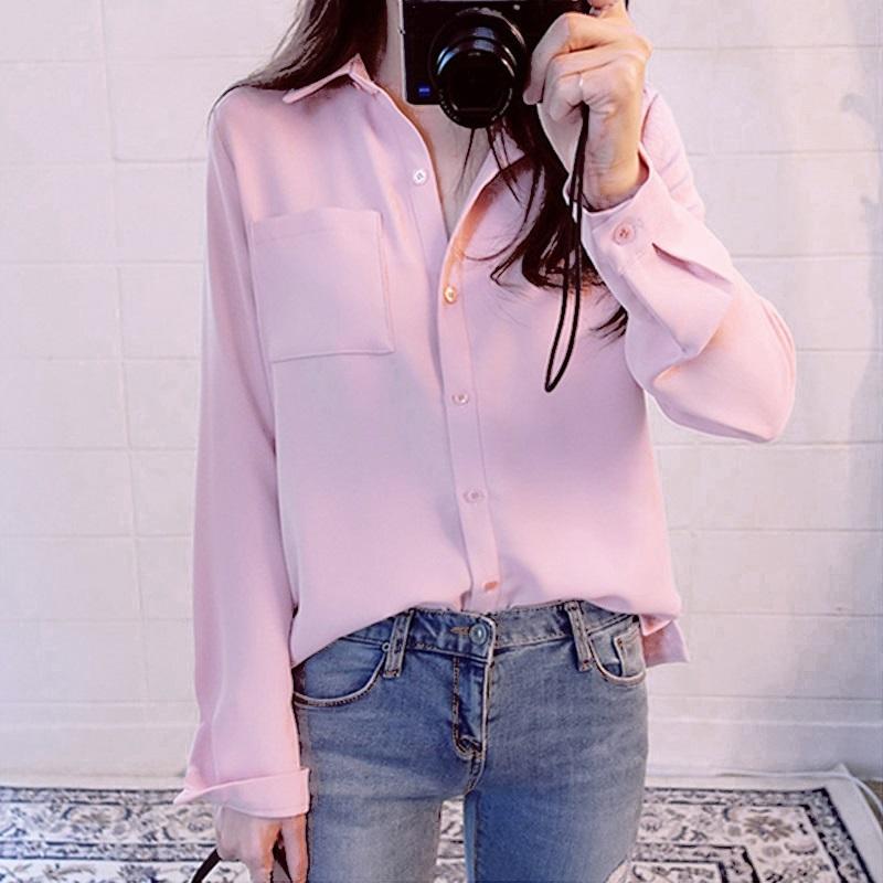 

New Women' Shirt Classic Chiffon Blouse Female Plus Size Loose Long Sleeve Casual Shirts Lady Simple Style Tops Clothes Blusas, Black