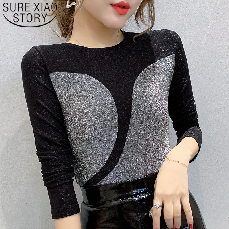 

Korean clothes 2020 office long sleeve top Solid O-Neck silm t shirt women black clothing women shirt harajuku plus size 7301 50 Y200412