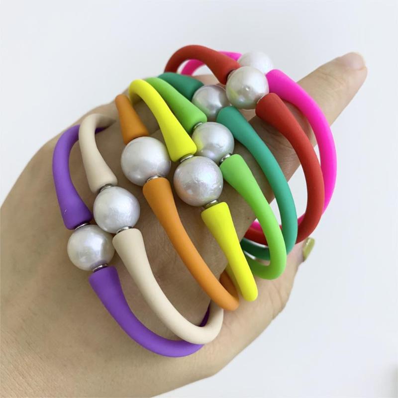 

18cm Length 9-11mm Edison Natural Freshwater Pearl Silicone Bangle Colorful Rubber Bracelet