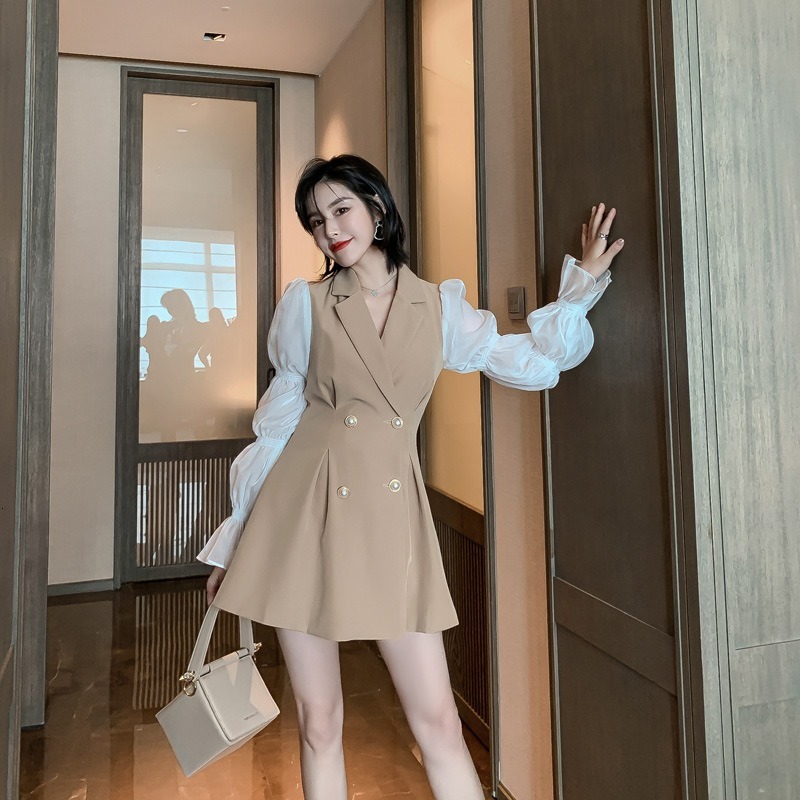 

2021 New Fall fashions dressed ladies long piece falling sets RAKG, Khaki.