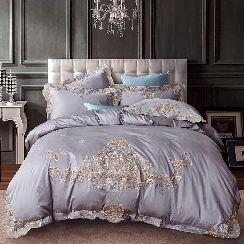 

Luxury European Gold Royal Embroidery Egyptian Cotton Gray Pink Bed Sheet Pillowcases Set Jacquard Duvet Red Cover Bedding Blue