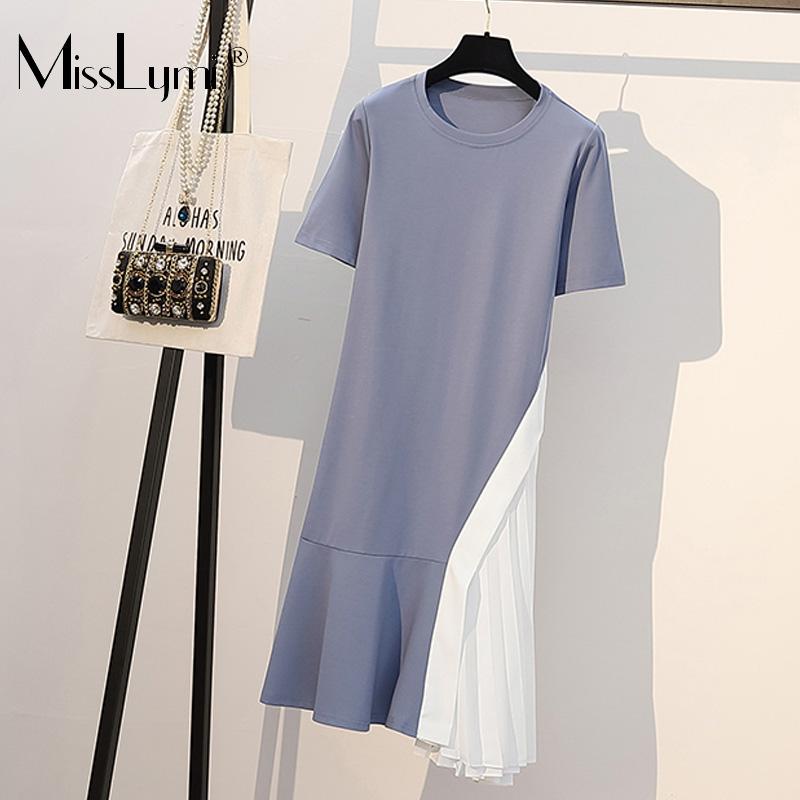 

5XL Plus Size Cotton T Shirt Dress Women Summer 2020 Short Sleeve Patchwork Pleated Ruffle Loose Casual Korean Blue Dresses, Black